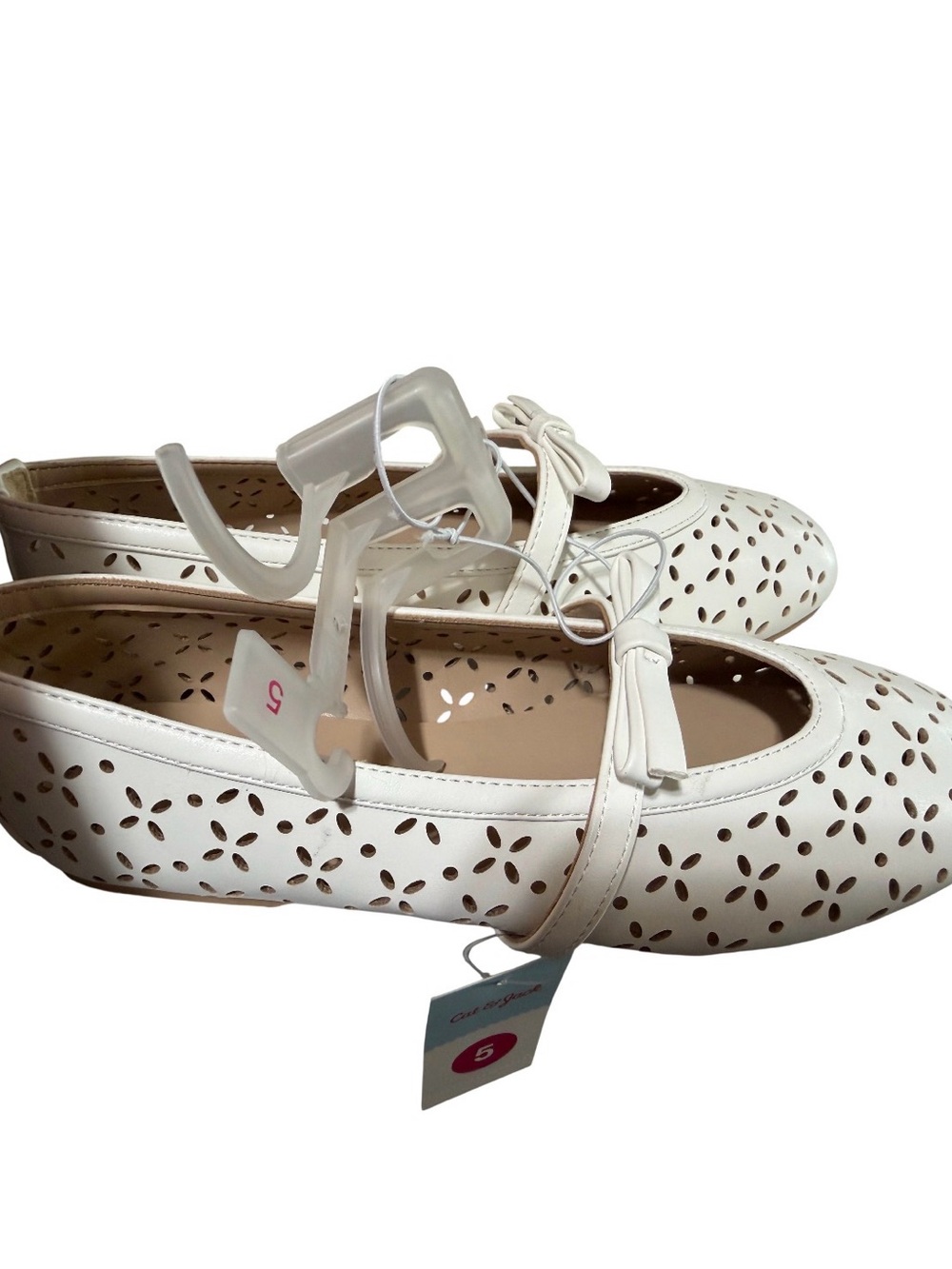 Cat & Jack White Laser-Cut Mary Jane Flats with Bow Accent